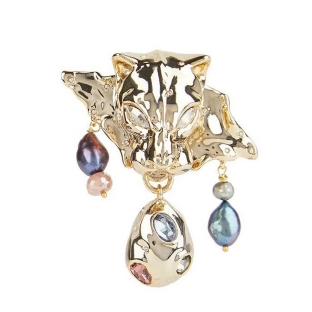 ALEXIS BITTAR • Gold Molten Crumpled Panther Head Green Rose Blue Pink Necklace